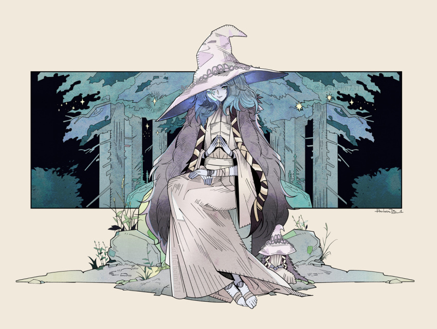 1girl bandages barefoot blue_skin cape cloak colored_skin denny626 doll dress elden_ring extra_arms extra_faces fur_cape fur_cloak hat large_hat looking_at_viewer mini_person miniature_ranni minigirl night night_sky ranni_the_witch rock sitting sky tree witch witch_hat