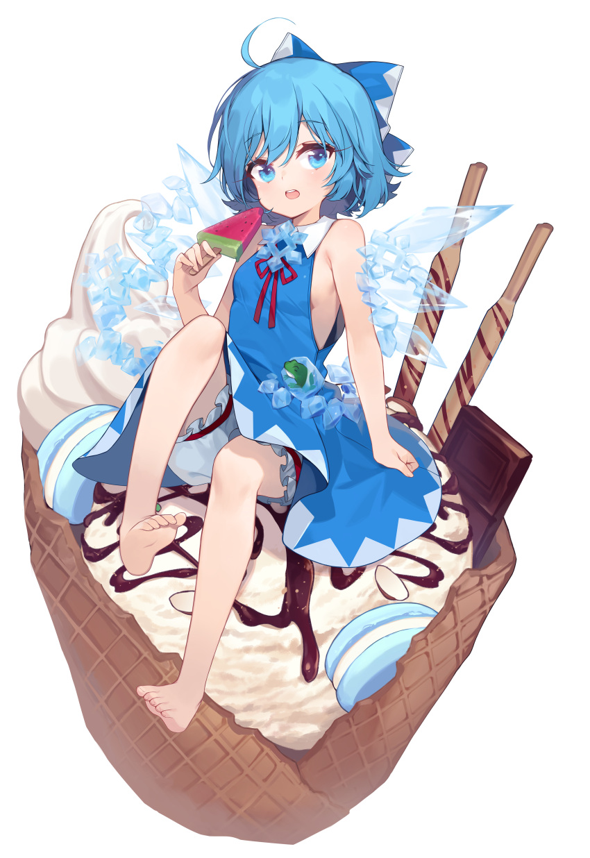 1girl absurdres adapted_costume animal barefoot bloomers blue_bow blue_dress blue_eyes blue_hair bow breasts chocolate cirno commentary_request dress food frog full_body hair_bow highres ice ice_cream ice_wings legs looking_at_viewer neck_ribbon popsicle red_ribbon ribbon sankyaku_tako short_hair sitting sleeveless sleeveless_dress small_breasts snowflakes soles solo toes touhou underwear watermelon_bar white_bloomers wings
