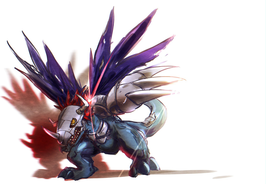 claws digimon digimon_(creature) dinosaur full_body highres horns long_hair looking_at_viewer metalgreymon no_humans open_mouth orange_eyes purple_wings redhead ringozuki sharp_teeth simple_background solo standing tail teeth torn_wings white_background wings