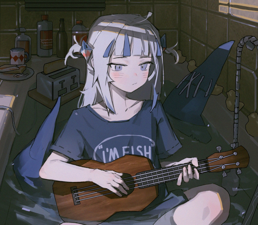 1girl :/ ahoge bathtub blue_eyes blue_hair blue_shirt blunt_bangs blush bread bread_slice chunkyeggy closed_mouth clothes_writing coffee_mug cup english_text fins fish_tail food gawr_gura grey_hair hair_ornament highres holding holding_instrument hololive hololive_english indoors instrument medium_hair mug multicolored_hair music partially_submerged plate playing_instrument rubber_duck shampoo_bottle shark_girl shark_hair_ornament shark_tail shirt short_sleeves shower_head sidelocks sitting soap_bottle solo streaked_hair t-shirt tail tile_wall tiles toaster two_side_up ukulele virtual_youtuber water window_shade