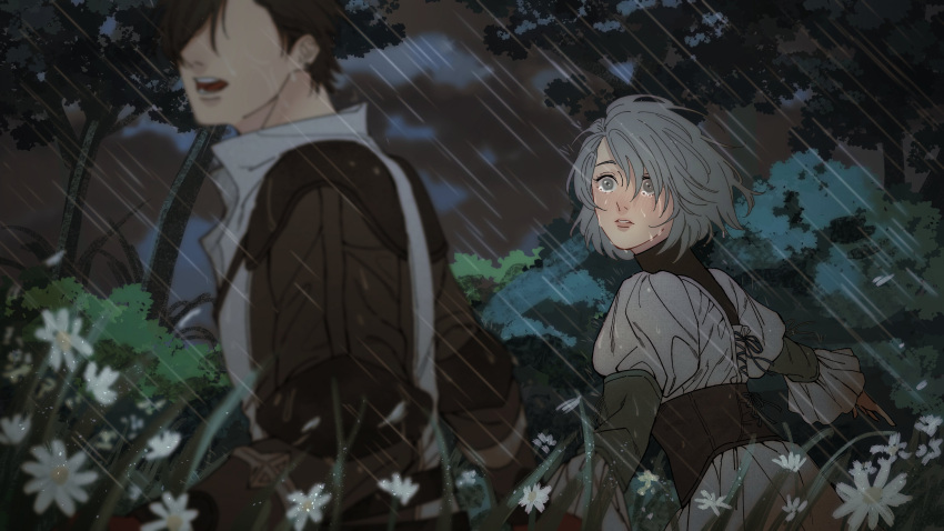 1boy 1girl absurdres aged_down black_hair blush clive_rosfield clouds couple crying crying_with_eyes_open dark_clouds doopee205 final_fantasy final_fantasy_xvi flower grey_eyes grey_hair hand_grab highres holding_hands jill_warrick looking_at_another open_mouth protecting rain storm tears wet wet_clothes white_flower