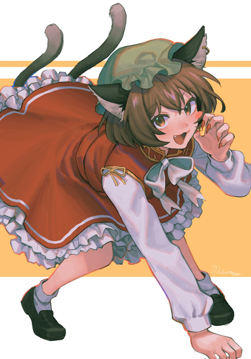 1girl :3 :d animal_ear_fluff animal_ears arm_up black_footwear blush bow brown_eyes brown_hair cat_ears cat_tail chen dress earrings fang fingernails frilled_dress frills gold_trim green_headwear hand_on_ground hat highres jewelry long_fingernails long_sleeves looking_at_viewer mob_cap multiple_tails nail_polish nekomata noriuma open_mouth paw_pose red_dress red_nails sharp_fingernails short_hair smile socks solo tail touhou twitter_username two_tails