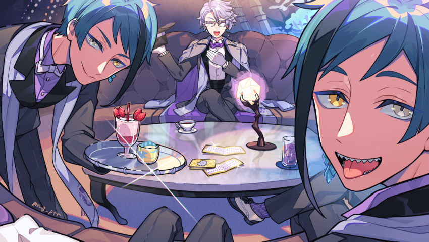 3boys aqua_hair aquarium azul_ashengrotto bent_over black_hair black_suit bow bowtie closed_eyes collared_shirt commentary_request couch crossed_legs cup drink feet_out_of_frame fisheye floyd_leech glasses gloves hand_up heterochromia indoors jade_leech lamp long_sleeves looking_at_viewer multicolored_hair multiple_boys open_mouth parfait purple_bow purple_bowtie purple_hair purple_shirt puteru saucer scarf sharp_teeth shirt smile streaked_hair suit table teacup teeth tongue tongue_out tray twisted_wonderland twitter_username white_bow white_bowtie white_footwear white_gloves white_scarf white_shirt yellow_eyes