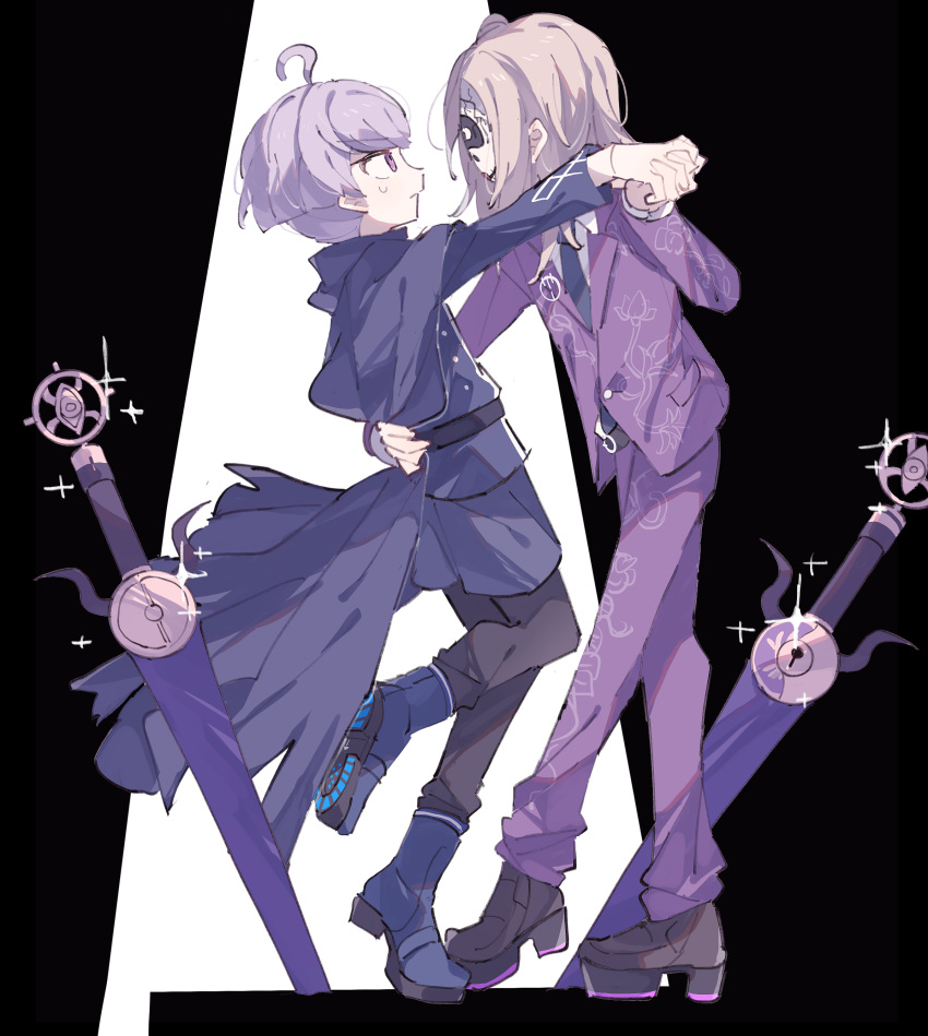 2boys absurdres ahoge belt black_belt blonde_hair blue_cape blue_footwear blue_jacket blue_necktie boots brown_footwear cape closed_mouth collared_shirt commentary_request covered_face dancing floral_print full_body hand_on_another's_back highres holding_hands hwr33m jacket keyhole kokohead_yuma long_hair long_sleeves looking_at_another makoto_kagutsuchi male_focus mask master_detective_archives:_rain_code multiple_boys necktie outstretched_arm pants purple_hair purple_jacket purple_pants shirt shoes short_hair spoilers standing standing_on_one_leg suit sword violet_eyes weapon white_shirt