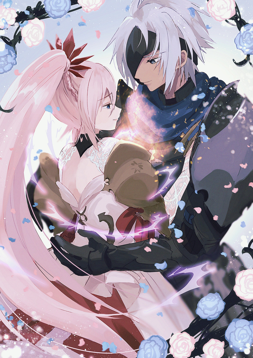 1boy 1girl alphen_(tales) aomattya armor black_choker black_gloves blue_eyes braid choker closed_mouth commentary_request couple cowboy_shot dark-skinned_male dark_skin diadem dress electricity falling_petals flower gloves half_mask high_ponytail highres long_hair looking_at_another mask one_eye_covered parted_bangs petals pink_hair profile shionne_(tales) shoulder_armor sidelocks tales_of_(series) tales_of_arise very_long_hair