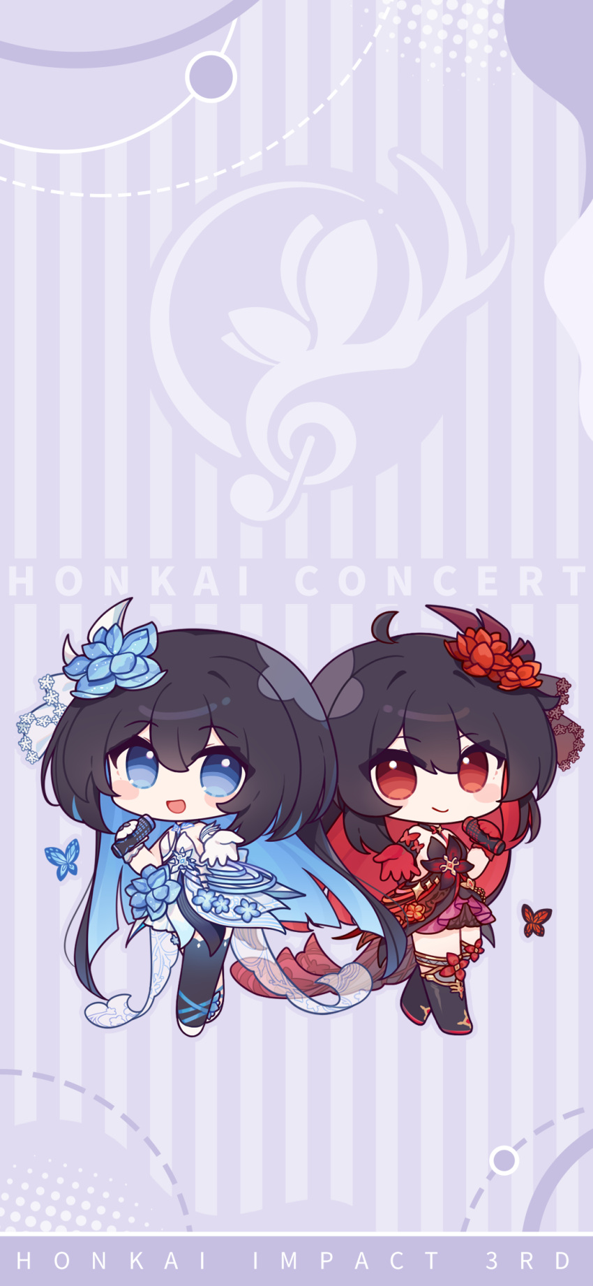 2girls :d ahoge alternate_costume animal black_dress black_footwear black_hair black_thighhighs blue_eyes blue_flower bug butterfly chibi closed_mouth dress flower full_body gloves hair_flower hair_ornament highres holding holding_microphone honkai_(series) honkai_impact_3rd looking_at_viewer microphone multiple_girls official_art official_wallpaper open_hand open_mouth red_butterfly red_eyes red_flower red_gloves redhead seele_(alter_ego) seele_vollerei seele_vollerei_(herrscher_of_rebirth) simple_background smile thigh-highs white_dress white_gloves