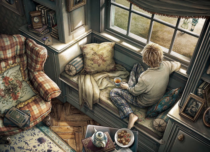 1boy 1girl 1other analog_clock armchair barefoot blonde_hair book carpet chair clock commentary_request cookie cup day dress food highres holding holding_cup indoors kobone_awaki letter long_sleeves male_focus original photo_(object) pillow plate sitting sunlight teacup teapot window wooden_floor