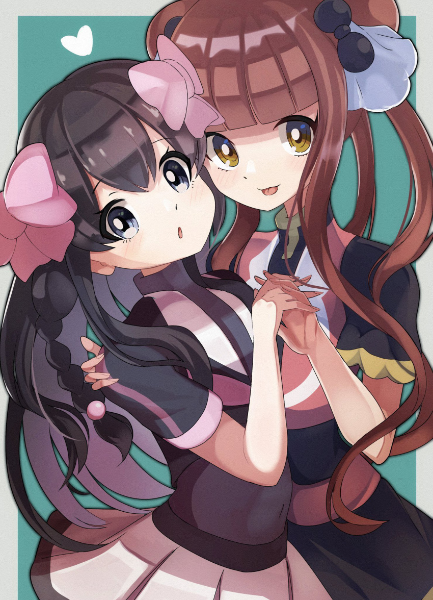2girls :o beads belt black_dress black_hair blue_background blunt_bangs blush border bow braid brown_hair character_request copyright_request covered_navel cropped_jacket dot_nose double-parted_bangs dress floating_hair frilled_sleeves frills grey_eyes hair_beads hair_bow hair_ornament hand_on_another's_shoulder highres impossible_clothes impossible_shirt interlocked_fingers jacket light_blush lips long_hair looking_at_viewer miniskirt multiple_girls pink_bow pink_skirt plum_(plum_no_bouken_note) plum_no_bouken_note purple_jacket purple_shirt red_belt red_vest shirt short_sleeves side_braids simple_background skin_tight skirt smile tongue tongue_out twin_braids umiru very_long_hair vest virtual_youtuber white_border yellow_eyes