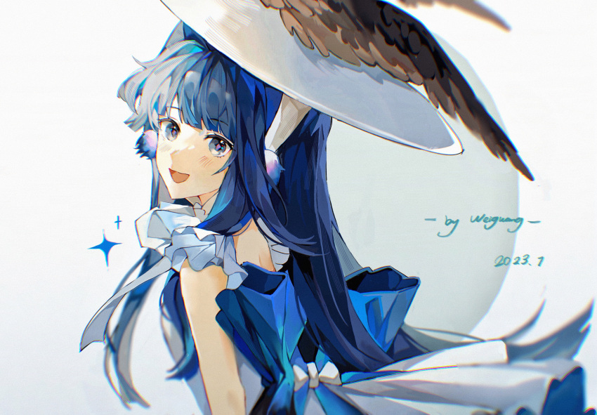 1girl :d absurdres alternate_costume animal_ear_fluff arknights artist_name astgenne_(arknights) blue_dress blue_eyes blue_hair blunt_bangs blush dated dress from_side hat highres long_hair looking_at_viewer looking_to_the_side open_mouth purple_pupils sidelocks signature sleeveless sleeveless_dress smile upper_body weiguang651 white_headwear winged_hat