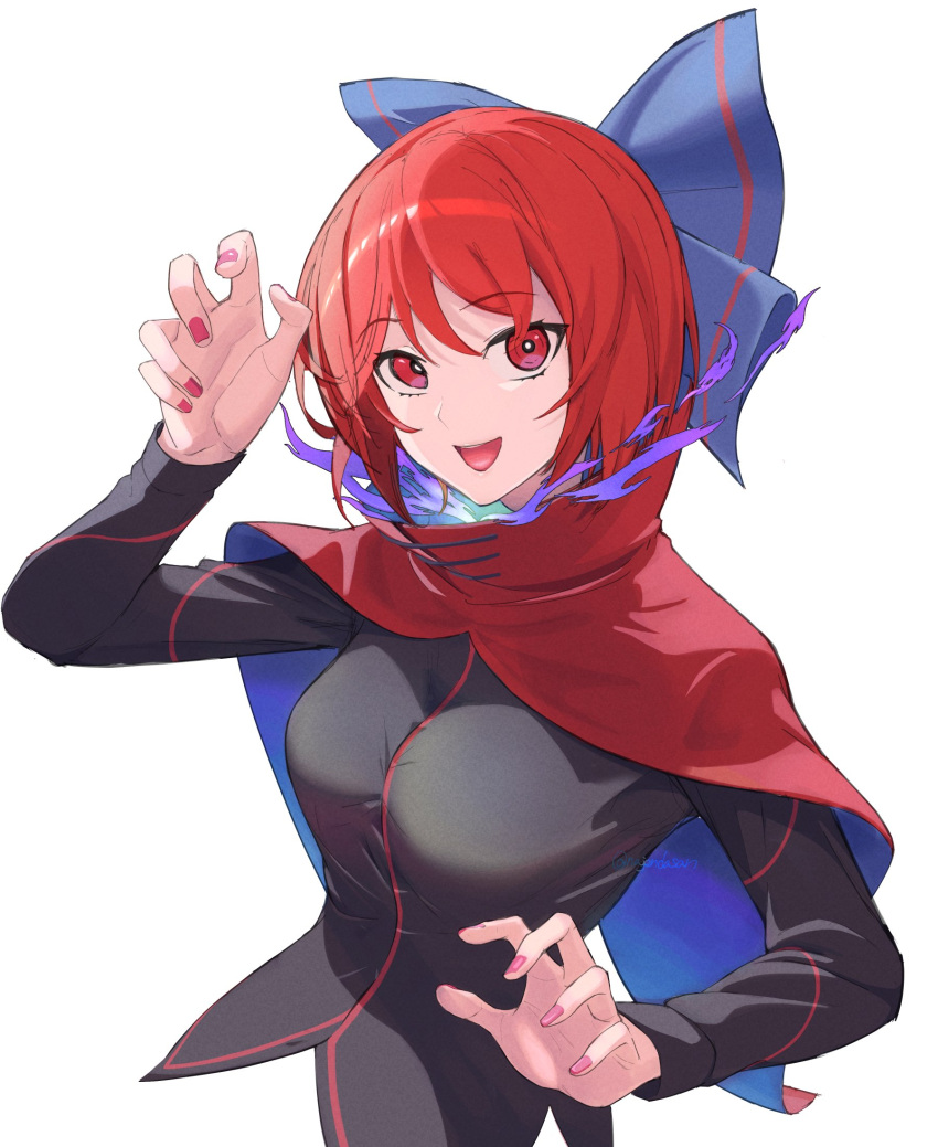 1girl :d black_shirt blue_bow bow breasts claw_pose cloak double_dealing_character hair_bow highres kanpiro long_sleeves looking_at_viewer medium_breasts red_cloak redhead sekibanki shirt short_hair simple_background smile solo touhou twitter_username white_background