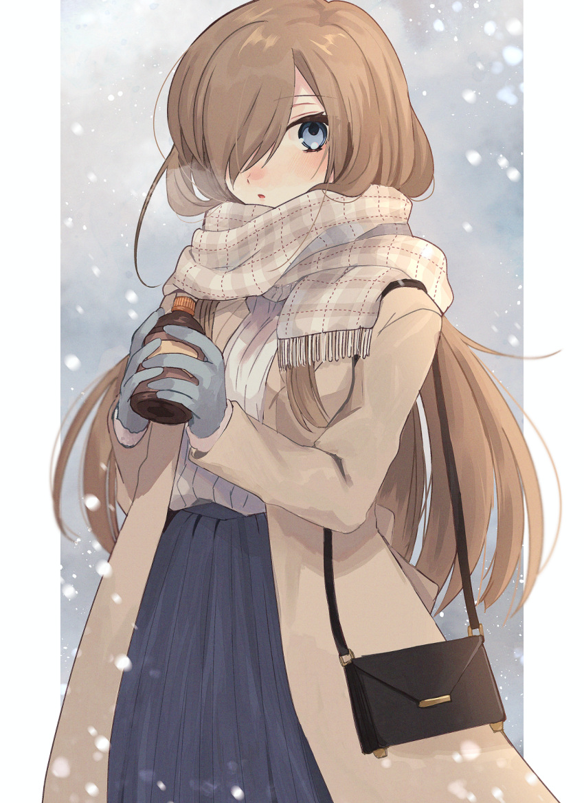 1girl alternate_costume aomattya bag blue_eyes blue_skirt bottle breath brown_coat brown_hair casual coat commentary_request cowboy_shot enpera gloves hair_over_one_eye highres holding holding_bottle light_blush long_hair long_sleeves looking_at_viewer one_eye_covered open_clothes open_coat outdoors parted_lips ribbed_sweater scarf shoulder_bag skirt snow snowing solo sweater swept_bangs tales_of_(series) tales_of_the_abyss tear_grants white_sweater winter_clothes