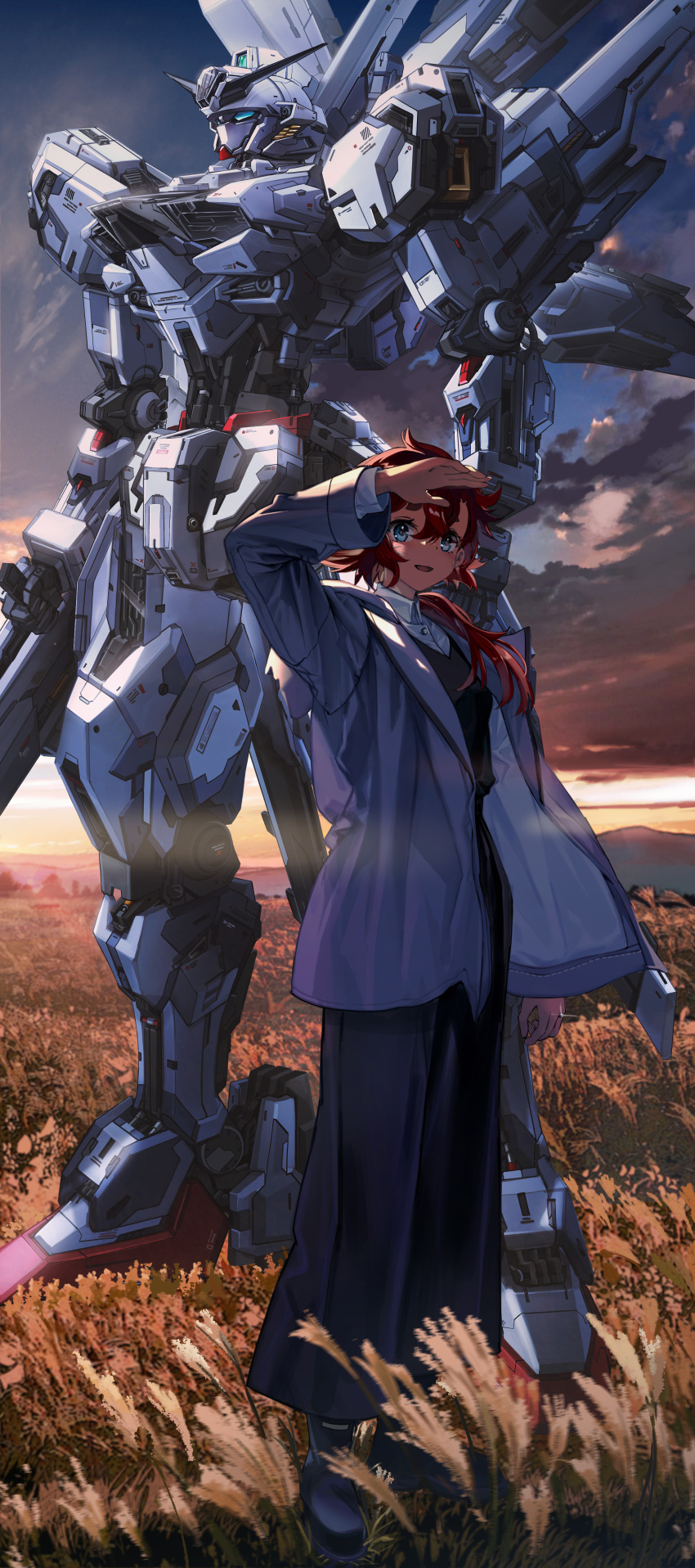 1girl absurdres arm_up arms_at_sides beam_cannon black_dress black_footwear blue_eyes blue_sky boots clouds coat collared_dress commentary_request crossed_bangs dark_clouds dress dusk glint grey_coat gun gundam gundam_calibarn gundam_suisei_no_majo hair_over_shoulder highres holding holding_gun holding_weapon jewelry long_hair long_sleeves looking_at_viewer low_ponytail mecha mobile_suit mountainous_horizon open_collar orange_sky outdoors parted_lips redhead ring robot science_fiction sky smile standing suletta_mercury thick_eyebrows v-fin veerinly weapon wheat_field