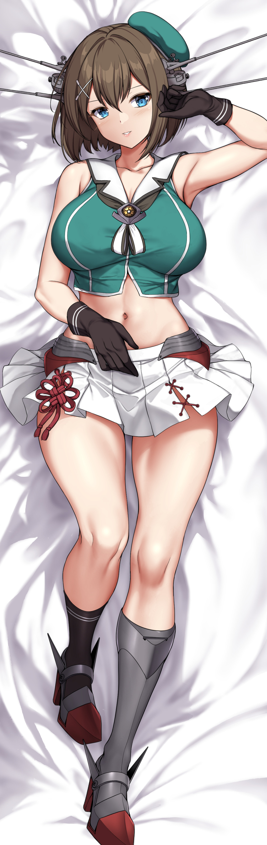 1girl absurdres beret black_gloves black_socks blue_eyes breasts brown_hair clip_studio_paint_(medium) commission dakimakura_(medium) gloves green_headwear hair_ornament hairclip hat highres kantai_collection large_breasts lying maya_(kancolle) maya_kai_ni_(kancolle) midriff mini_hat miniskirt navel on_back pixiv_commission pleated_skirt sheita short_hair skirt sleeveless socks solo white_skirt x_hair_ornament