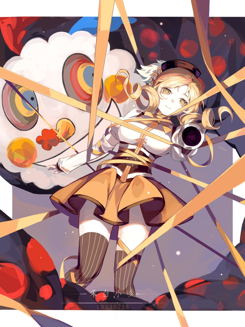1girl absurdres aiming aiming_at_viewer beret black_headwear blonde_hair border bound brown_thighhighs charlotte_(madoka_magica) chinese_commentary commentary_request corset curly_hair dated drill_hair entangled feet_out_of_frame grin gun hat highres holding holding_gun holding_weapon juliet_sleeves long_sleeves looking_at_viewer magical_girl mahou_shoujo_madoka_magica mahou_shoujo_madoka_magica_(anime) medium_hair neck_ribbon orange_skirt outside_border outstretched_arm puffy_sleeves purple_background ribbon shirt skirt smile solo standing striped striped_thighhighs thigh-highs tied_up_(nonsexual) tomoe_mami twin_drills weapon white_border white_shirt witch_(madoka_magica) yellow_eyes yellow_ribbon yimu445448