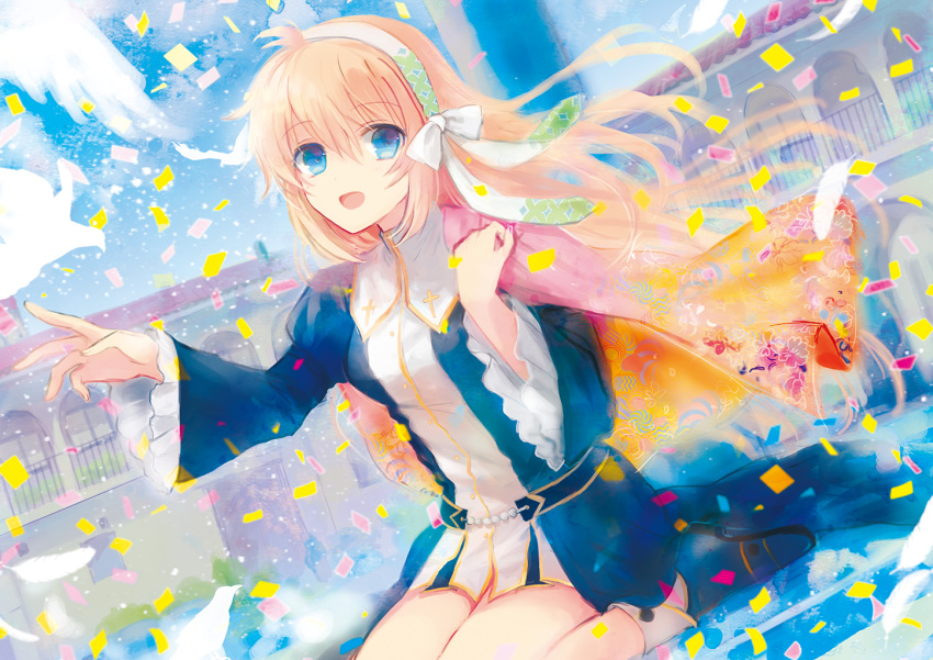 1girl :d bird blonde_hair blue_dress blue_eyes blue_footwear blue_sky bow commentary_request confetti cross_print day dress dutch_angle eyes_visible_through_hair floating_hair floral_print frilled_sleeves frills hair_between_eyes hair_bow hair_ribbon hairband hand_up harmonia_(key) holding holding_clothes juliet_sleeves knees_out_of_frame long_hair long_sleeves looking_at_viewer nun open_mouth outdoors puffy_sleeves reaching ribbon second-party_source shiona_(harmonia) short_dress sitting sky smile solo very_long_hair wariza white_bird white_bow white_hairband white_ribbon wide_sleeves wind wind_lift yuhazu_(rhe-rhe)