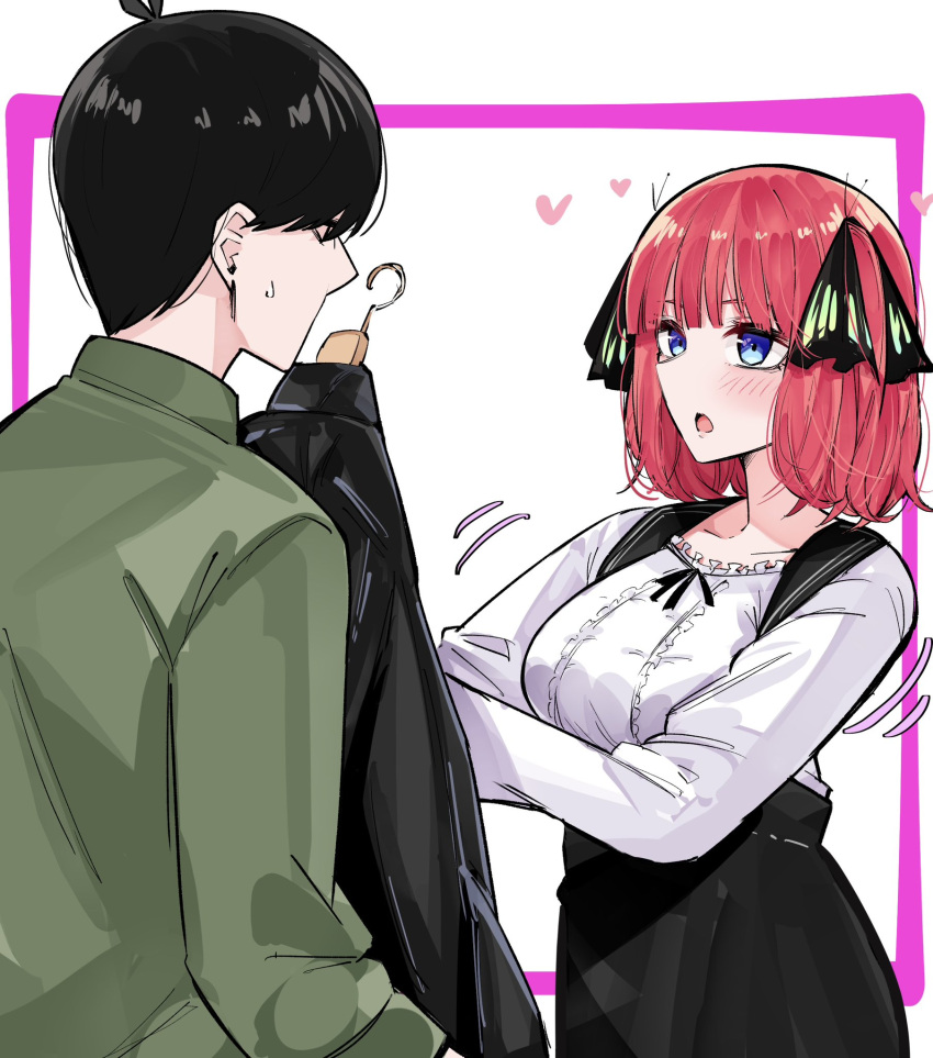 1boy 1girl alternate_costume antenna_hair black_hair black_skirt blue_eyes blunt_bangs blush breasts butterfly_hair_ornament casual center_frills commentary eyebrows_hidden_by_hair eyelashes frills from_side go-toubun_no_hanayome green_jacket hair_ornament hand_up heart hetero high-waist_skirt highres jacket large_breasts long_sleeves looking_at_another mame1645 medium_hair motion_lines nakano_nino open_mouth profile redhead shirt short_hair simple_background skirt suspender_skirt suspenders sweatdrop trying_on_clothes two_side_up uesugi_fuutarou white_background white_shirt