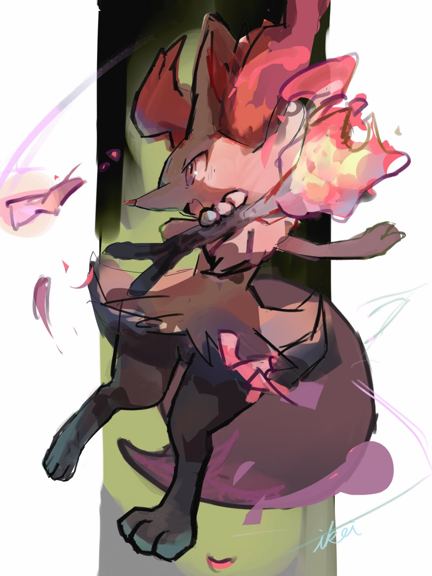 1girl animal_ear_fluff animal_ears animal_feet animal_nose arms_up artist_name black_fur body_fur braixen commentary_request fang feet fire flat_chest fox_ears fox_girl fox_tail full_body furry furry_female green_background highres holding holding_stick ikei looking_to_the_side multicolored_fur neck_fur one-hour_drawing_challenge open_mouth outside_border outstretched_arm petals pillarboxed pokemon pokemon_(creature) profile red_eyes signature sketch skin_fang snout solo standing stick tail white_fur yellow_fur