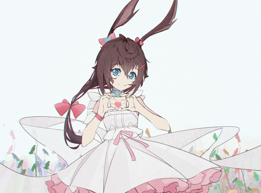 1girl absurdres amiya_(arknights) animal_ears arknights bare_shoulders blue_eyes bow brown_hair closed_mouth dress hair_bow heart heart_hands hhs240 highres long_hair looking_at_viewer outdoors pink_bow ponytail rabbit_ears rabbit_girl sky sleeveless sleeveless_dress smile sundress white_dress white_sky