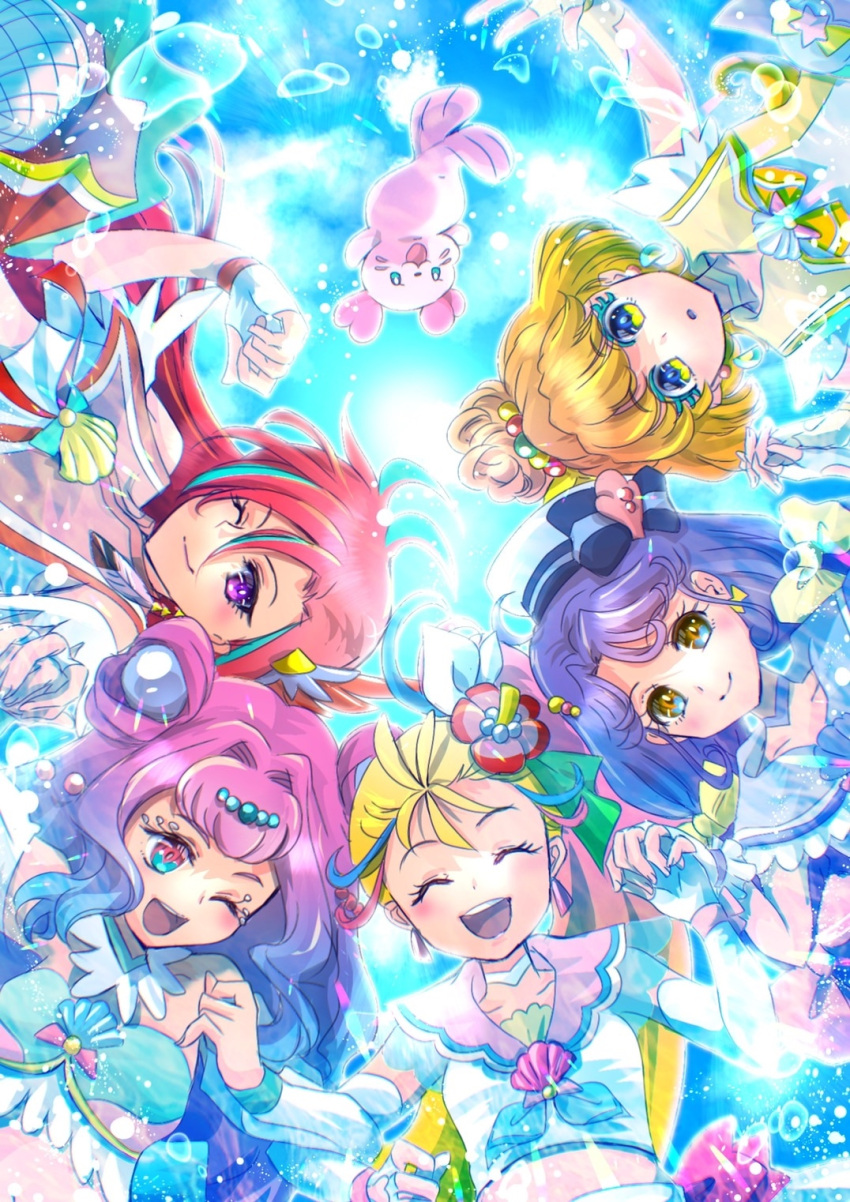 5girls :d :o ;) ;d air_bubble backlighting beads black_bow black_bowtie blonde_hair blue_hair blue_neckerchief blue_shirt blue_sky bow bowtie bridal_gauntlets bubble choker closed_eyes closed_mouth clouds cloudy_sky colored_eyelashes commentary cure_coral cure_flamingo cure_la_mer cure_papaya cure_summer detached_sleeves dress earrings elbow_rest fingerless_gloves flower frilled_shirt frills from_below gloves gradient_hair hair_beads hair_intakes hair_ornament hair_ribbon hat hat_bow hibiscus highres holding_hands ichinose_minori interlocked_fingers jewelry kururun_(precure) laura_la_mer locked_arms long_hair magical_girl manekineko5319 midriff multicolored_hair multiple_girls natsuumi_manatsu neckerchief one_eye_closed open_mouth orange_eyes parted_lips pearl_hair_ornament pink_sailor_collar precure purple_choker purple_hair red_flower red_sailor_collar redhead ribbon sailor_collar sailor_hat shirt side_ponytail sky sleeveless sleeveless_shirt smile star_(symbol) streaked_hair suzumura_sango takizawa_asuka tropical-rouge!_precure violet_eyes water_drop white_choker white_gloves white_headwear white_ribbon white_shirt yellow_eyes yellow_sailor_collar