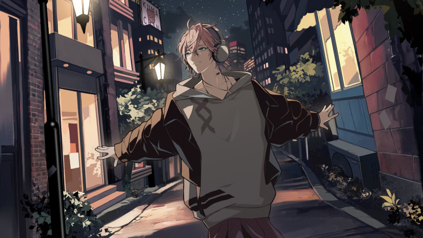 1boy barcode barcode_tattoo black_jacket brick_wall building bush clothes_around_waist crossed_bangs denim2 grass green_eyes hair_between_eyes headphones highres holostars hood hood_down hoodie jacket jewelry lamppost looking_to_the_side male_focus neck_tattoo necklace night official_alternate_costume official_art open_clothes open_jacket outdoors outstretched_arms oversized_clothes parted_lips pink_hair rikka_(holostars) road short_hair sky smile solo star_(sky) starry_sky street tattoo upper_body virtual_youtuber white_hoodie
