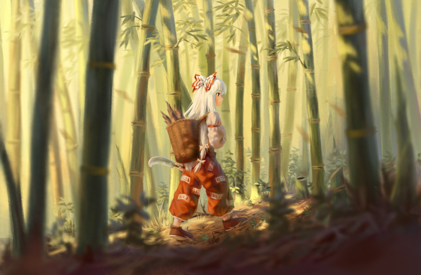 1girl bamboo bamboo_forest bamboo_shoot basket bow closed_mouth commentary_request forest fujiwara_no_mokou hair_bow highres holding holding_knife knife long_hair long_sleeves nature outdoors pants red_bow red_footwear red_pants satellitedragon shirt solo touhou very_long_hair white_bow white_shirt wide_shot