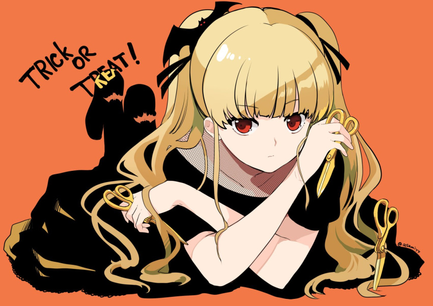 1girl angel_beats! asami_yuriko bat_hair_ornament black_dress blonde_hair blunt_bangs closed_mouth commentary_request crossed_arms dress english_text expressionless hair_ornament hair_spread_out halloween holding holding_scissors long_hair looking_at_viewer lying on_stomach orange_background red_eyes scissors sidelocks simple_background solo straight-on upturned_eyes very_long_hair yusa_(angel_beats!)