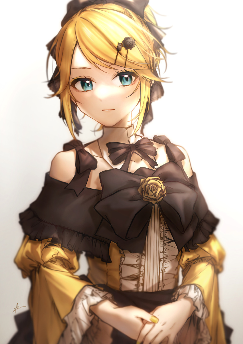 1girl absurdres after0217 aku_no_musume_(vocaloid) black_bow blonde_hair blue_eyes bow detached_collar dress dress_bow dress_flower evillious_nendaiki expressionless frilled_dress frilled_sleeves frills hair_bow hair_ornament hairclip highres kagamine_rin looking_at_viewer miku_symphony_(vocaloid) off-shoulder_dress off_shoulder own_hands_together riliane_lucifen_d'autriche serious solo swept_bangs vocaloid wide_sleeves yellow_dress yellow_nails