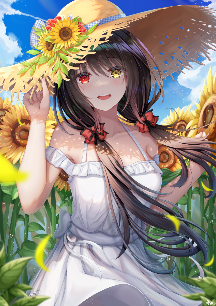 1girl absurdres arus bare_shoulders black_hair blue_sky bow clock_eyes clouds collarbone commentary date_a_live day derivative_work dress field floating_hair flower flower_field hair_bow hand_on_headwear hands_up hat hat_flower heterochromia highres long_hair looking_at_viewer low_twintails open_mouth outdoors red_bow red_eyes sky sleeveless smile solo straw_hat sun_hat sundress sunflower symbol-shaped_pupils tokisaki_kurumi twintails upper_body white_dress wind yellow_eyes yellow_flower