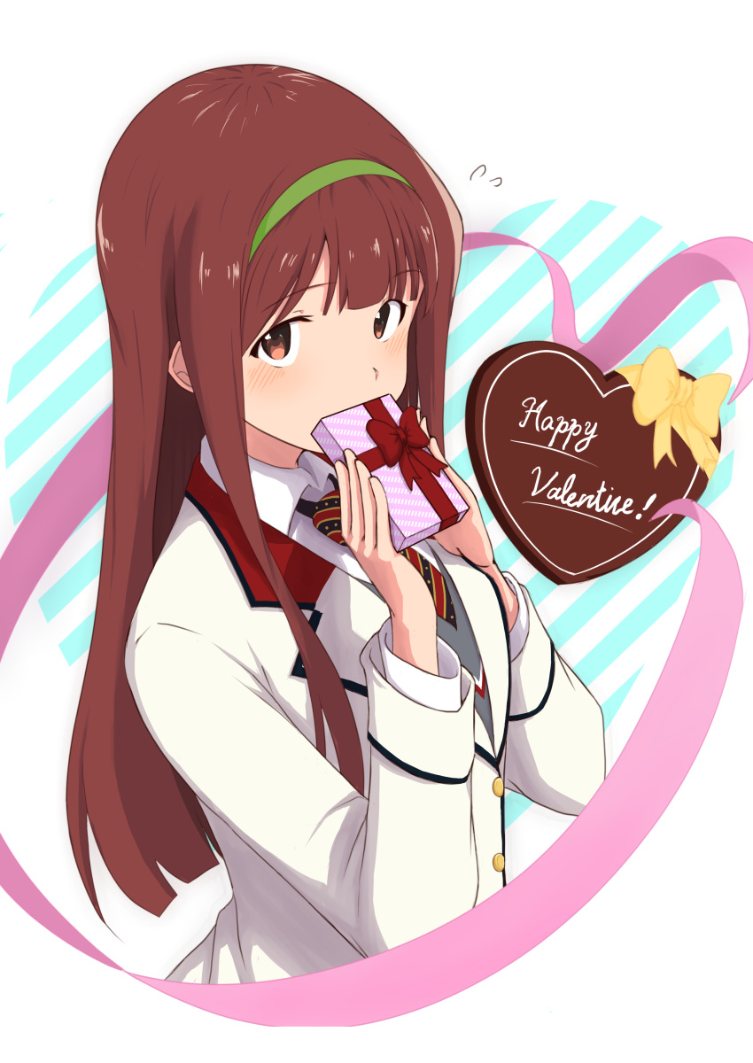 1girl absurdres blazer blush box box_of_chocolates brown_eyes brown_hair buttons collared_shirt covering_mouth dashimeshi green_hairband hairband hands_up happy_valentine heart-shaped_box highres holding holding_box idolmaster idolmaster_million_live! jacket long_bangs long_hair long_sleeves looking_at_viewer necktie own_hands_together pink_ribbon raised_eyebrows red_necktie ribbon school_uniform shirt solo straight_hair striped_necktie tanaka_kotoha upper_body white_jacket white_shirt