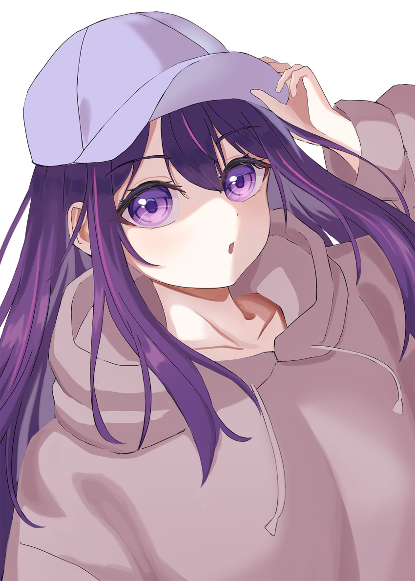 1girl adjusting_clothes adjusting_headwear baseball_cap collarbone commentary floating_hair grey_hoodie hair_between_eyes hat highres hood hoodie hoshino_ai_(oshi_no_ko) long_hair long_sleeves looking_at_viewer nm_(nmxmil) open_mouth oshi_no_ko purple_hair sidelocks simple_background solo upper_body variant_set violet_eyes white_background