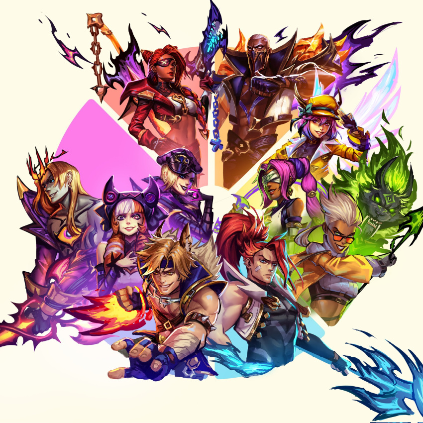 4boys 6+girls bare_shoulders black_gloves black_headwear blindfold blonde_hair brown_hair clenched_hand collarbone color_wheel_challenge cone_hair_bun cropped_jacket crown dark-skinned_female dark-skinned_male dark_skin drill_hair evelynn_(league_of_legends) fake_horns fingerless_gloves fire gloves glowing glowing_eyes grey_hair grin gun gwen_(league_of_legends) hair_bun hand_up highres holding holding_gun holding_polearm holding_weapon horns ilyas_bolatov jacket league_of_legends long_hair lux_(league_of_legends) mask mouth_mask multicolored_hair multiple_boys multiple_girls nidalee nilah_(league_of_legends) open_clothes open_jacket pink_hair polearm ponytail pyke_(league_of_legends) redhead samira sett_(league_of_legends) sharp_teeth short_hair smile soul_fighter_evelynn soul_fighter_gwen soul_fighter_lux soul_fighter_nidalee soul_fighter_nilah soul_fighter_pyke soul_fighter_samira soul_fighter_sett soul_fighter_viego soul_fighter_xin_zhao teeth third_eye_on_chest twin_drills twintails two-tone_hair viego_(league_of_legends) weapon white_background white_hair white_jacket xin_zhao