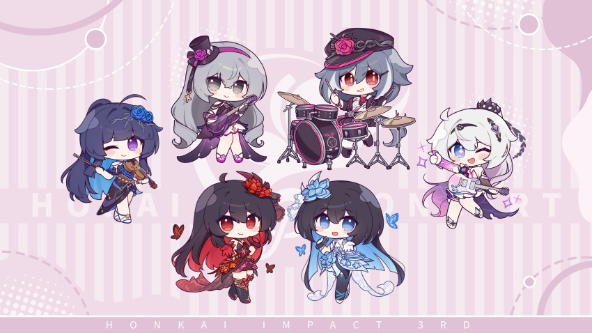 :d ahoge alternate_costume black_dress black_hair black_headwear black_thighhighs blue_butterfly blue_flower bronya_zaychik bronya_zaychik_(herrscher_of_reason) bug butterfly chibi chinese_commentary closed_mouth colored_inner_hair crown dress drum drumsticks flower fu_hua fu_hua_(herrscher_of_sentience) full_body gloves grey_eyes grey_hair guitar hair_flower hair_ornament hat high_ponytail highres holding holding_drumsticks holding_microphone honkai_(series) honkai_impact_3rd instrument kiana_kaslana kiana_kaslana_(herrscher_of_finality) long_hair looking_at_viewer microphone multicolored_hair official_art official_wallpaper one_eye_closed open_mouth ponytail purple_dress raiden_mei red_butterfly red_dress red_eyes red_flower red_gloves redhead seele_(alter_ego) seele_vollerei seele_vollerei_(herrscher_of_rebirth) simple_background smile star-shaped_pupils star_(symbol) streaked_hair symbol-shaped_pupils thigh-highs violet_eyes white_dress white_gloves white_hair