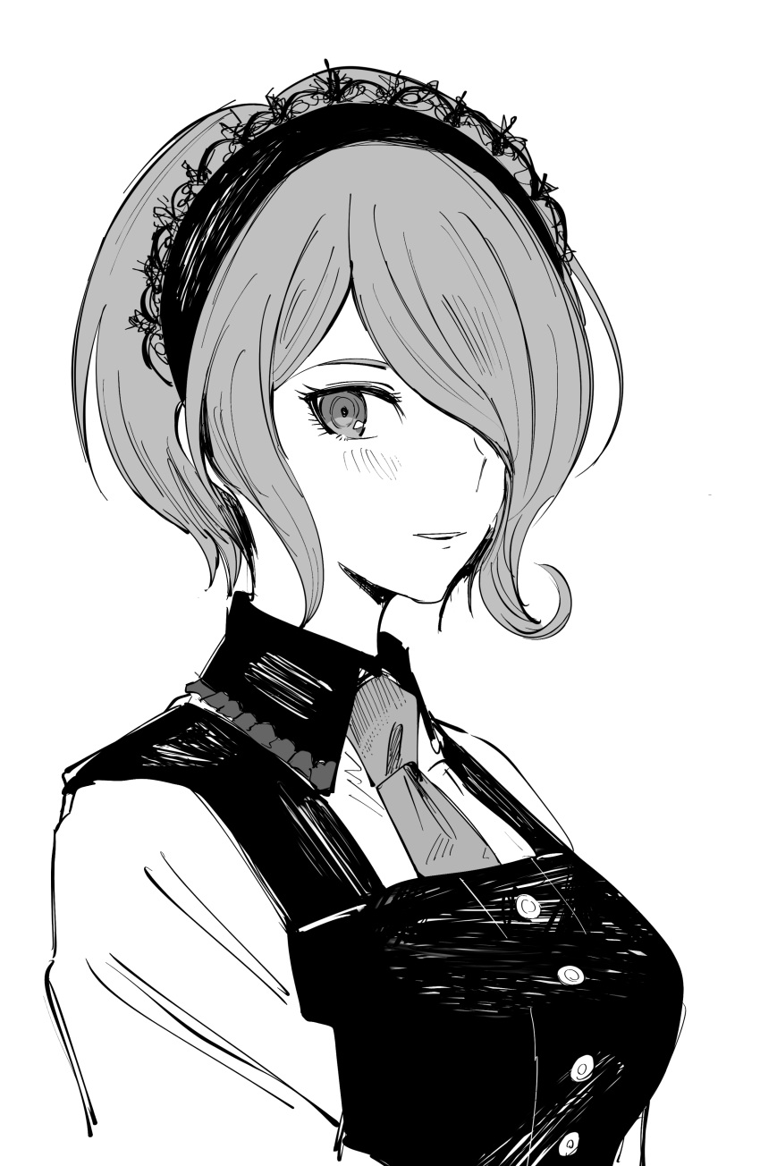 1girl absurdres blush bojue_(hakus_1128) breasts buttons danganronpa_(series) danganronpa_v3:_killing_harmony dress grey_background greyscale hair_over_one_eye highres large_breasts long_sleeves maid maid_headdress monochrome necktie parted_lips short_hair simple_background smile solo teeth tojo_kirumi upper_body