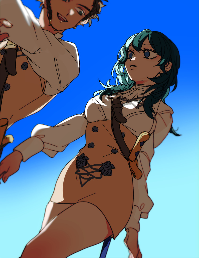 1boy 1girl blue_background blue_eyes braid breasts brown_hair buttons byleth_(female)_(fire_emblem) byleth_(fire_emblem) claude_von_riegan double-breasted fire_emblem fire_emblem:_three_houses green_hair high-waist_skirt highres long_hair long_sleeves looking_at_another medium_breasts mi_cha_iru open_mouth parted_lips shirt short_hair side_braid skirt smile vest walking white_shirt yellow_skirt yellow_vest