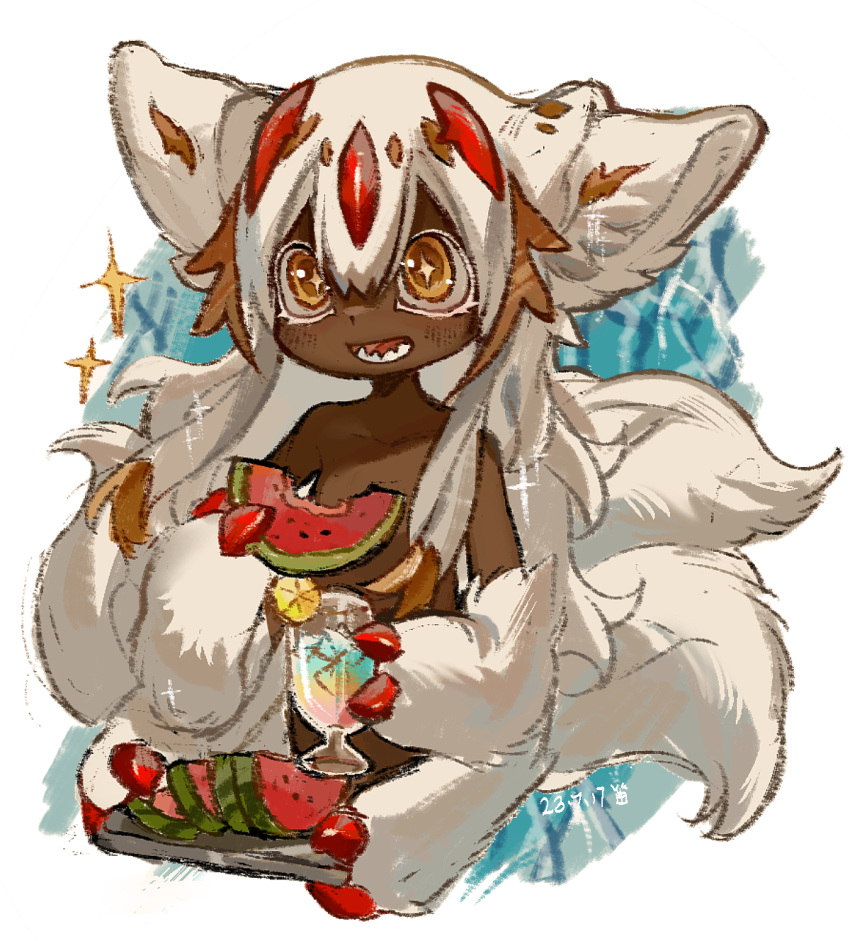 1girl :d animal_ears body_fur brown_hair chinese_commentary claws collarbone colored_eyelashes commentary_request cropped_torso cup dark-skinned_female dark_skin drink drinking_glass eating extra_arms faputa fewer_digits flute78103326 food fruit hair_between_eyes happy highres holding holding_cup holding_food holding_fruit horns long_hair lower_teeth_only made_in_abyss monster_girl multicolored_hair multiple_horns multiple_tails open_mouth red_horns sharp_teeth smile solo sparkle sparkling_eyes streaked_hair tail teeth two-tone_hair upper_body watermelon watermelon_slice white_fur white_hair