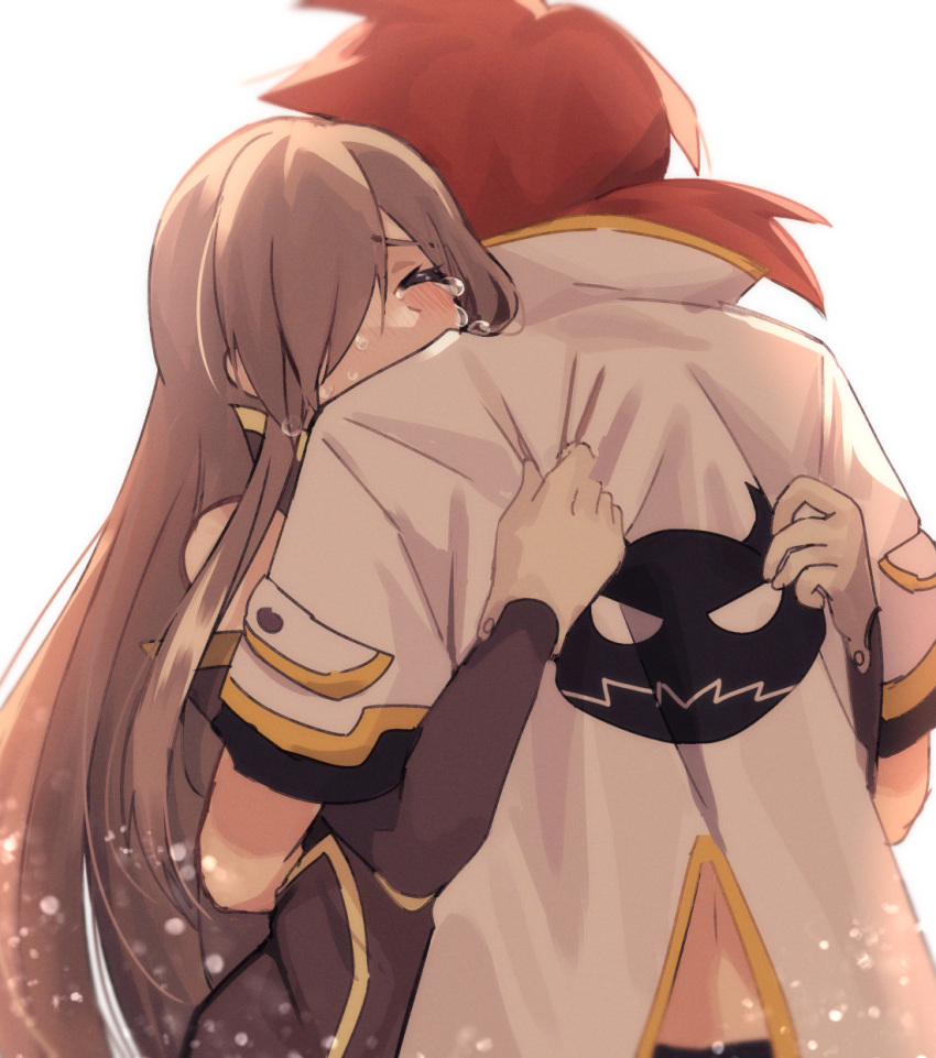 1boy 1girl aomattya bare_shoulders black_shirt brown_dress brown_hair brown_sleeves closed_eyes commentary_request couple cropped_shirt detached_sleeves dress from_behind gloves hair_over_one_eye high_collar highres hug light_blush light_particles long_hair luke_fon_fabre official_alternate_hair_length official_alternate_hairstyle one_eye_covered red_eyes shirt short_hair short_sleeves sidelocks swept_bangs tales_of_(series) tales_of_the_abyss tear_grants tears upper_body white_background white_gloves