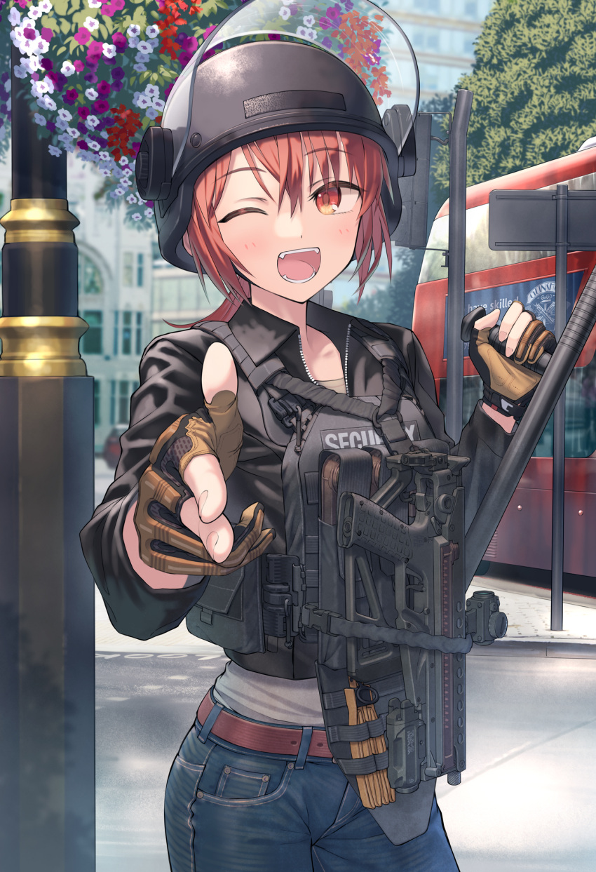 1girl :d ammunition_pouch baton_(weapon) belt black_gloves blue_pants blush body_armor brown_belt brown_gloves bus combat_helmet commentary cowboy_shot denim double-decker_bus fingerless_gloves fingernails flower folding_stock gloves gun handgun heart helmet highres holding holding_weapon jacket jeans kel-tec_p50 laser_sight load_bearing_vest long_sleeves looking_at_viewer low_ponytail magazine_(weapon) motor_vehicle one_eye_closed orange_eyes original outdoors pants partially_fingerless_gloves plate_carrier pocket pointing pointing_at_viewer pouch redhead samaru_(seiga) sling smile snap-fit_buckle tactical_clothes talking tonfa translated tree two-tone_gloves visor_lift weapon