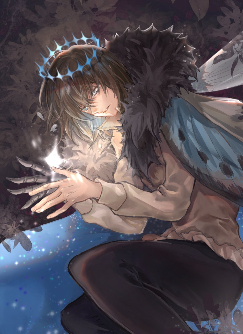 1boy arthropod_boy black_hair blue_eyes cape collared_shirt crown diamond_hairband dragonfly_wings fate/grand_order fate_(series) fur-trimmed_cape fur_trim highres insect_wings long_sleeves male_focus medium_hair oberon_(fate) oberon_(third_ascension)_(fate) shirt solo white_shirt wings zzhin3