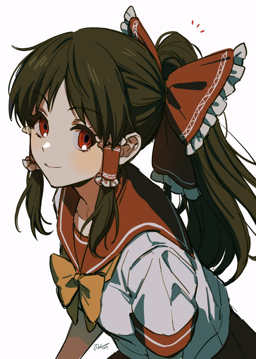 1girl alternate_costume bow bowtie brown_hair closed_mouth commentary_request frilled_bow frilled_hair_tubes frills hair_tubes hakurei_reimu highres long_hair looking_at_viewer noriuma notice_lines ponytail red_bow red_eyes sailor_collar shirt short_sleeves signature smile solo touhou upper_body white_shirt yellow_bow yellow_bowtie