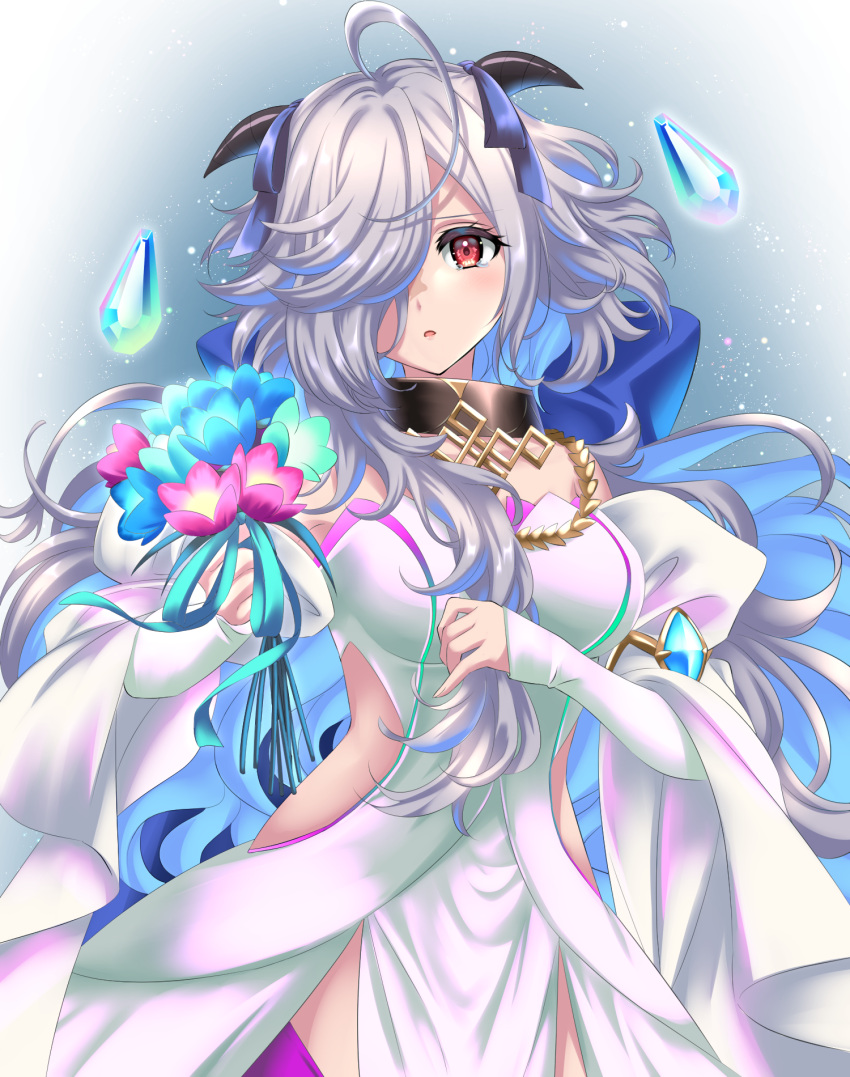 1girl ahoge asymmetrical_hair bare_shoulders bouquet crystal detached_sleeves dress eitr_(fire_emblem) fire_emblem fire_emblem_heroes goat_horns highres holding_own_hair horns impossible_clothes kakiko210 long_hair looking_at_viewer parted_lips red_eyes solo white_dress white_hair