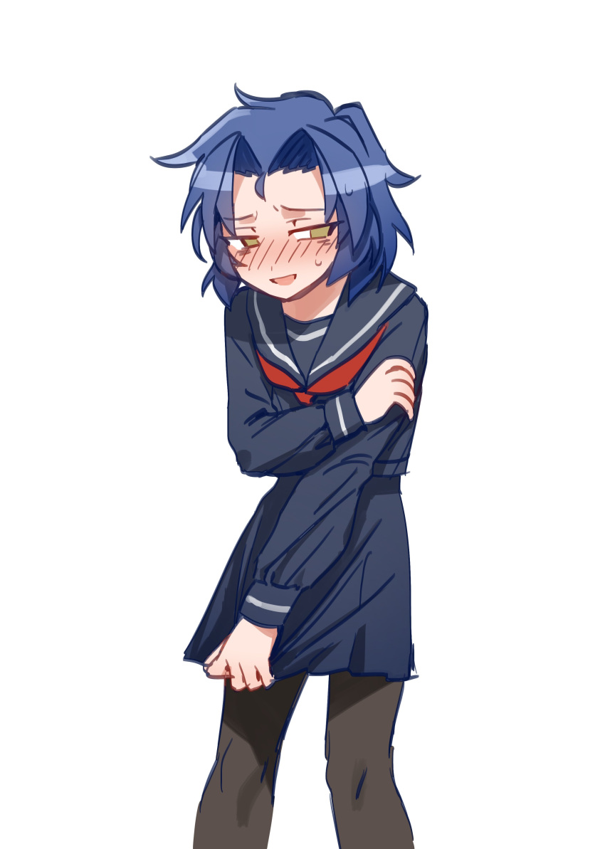 1boy absurdres black_pantyhose blue_hair blue_serafuku blue_shirt blue_skirt blush chesed_(project_moon) commentary_request cowboy_shot crossdressing embarrassed hand_on_own_arm highres lobotomy_corporation long_sleeves male_focus mogura_panda nose_blush open_mouth pantyhose parted_bangs project_moon sailor_collar sailor_shirt school_uniform serafuku shirt short_hair simple_background sketch skirt skirt_tug smile solo white_background yellow_eyes