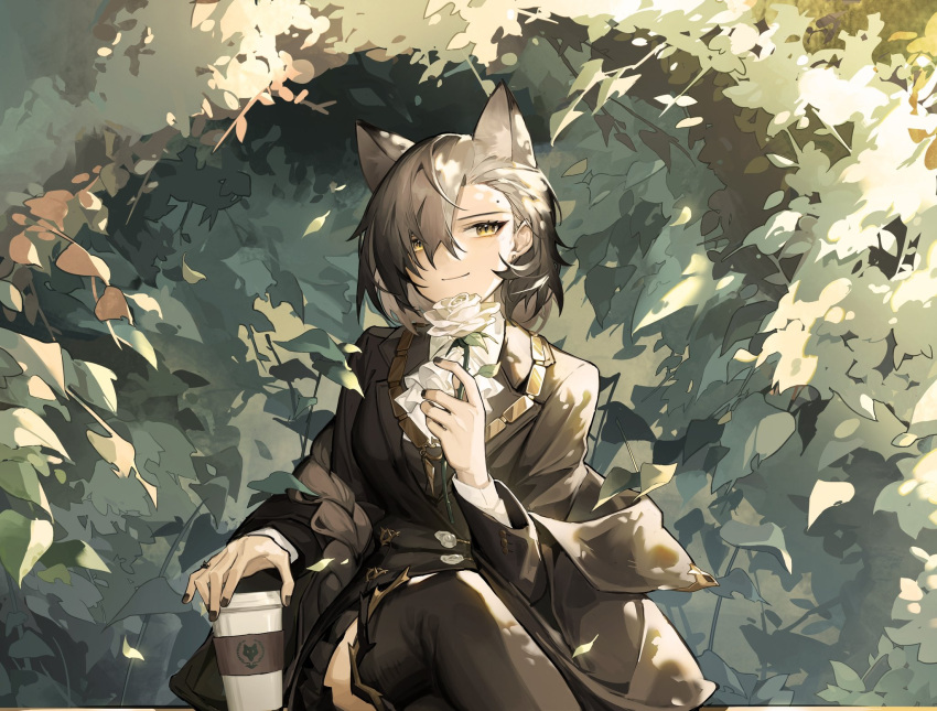 akechi_(826988799) animal_ears arknights ascot black_coat black_jacket black_nails brown_eyes brown_hair coat cup extra_ears flower forest highres holding holding_cup holding_flower jacket mole_above_eye mole_on_forehead nature open_clothes open_coat penance_(arknights) rose short_hair white_ascot white_flower white_rose wolf_ears wolf_girl