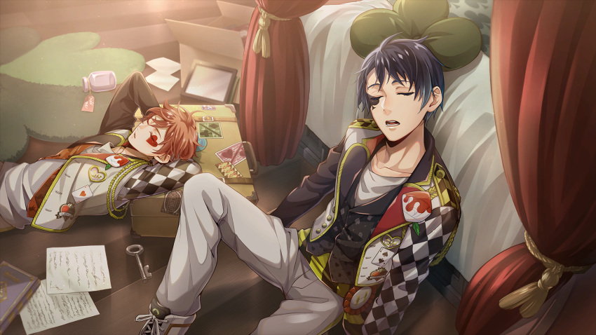 2boys ace_trappola arms_behind_head bed black_hair black_vest book briefcase closed_eyes deuce_spade facial_mark game_cg highres indoors jacket key multiple_boys official_art open_clothes open_jacket open_mouth orange_hair pants paper short_hair sitting sleeping twisted_wonderland vest white_pants