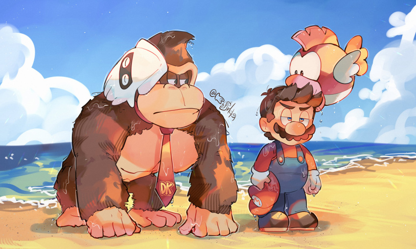 2boys absurdres artist_name beach blooper_(mario) blue_eyes blue_overalls blue_pants blue_sky blush brown_eyes brown_footwear brown_hair buttons cheep_cheep closed_mouth clouds commentary day donkey_kong facial_hair gloves hanaon hat hat_removed headwear_removed highres holding holding_clothes holding_hat horizon long_sleeves looking_at_another male_focus mario multiple_boys mustache necktie ocean outdoors overalls pants red_headwear red_necktie red_shirt shirt shoes short_hair sideways_glance signature sky standing super_mario_bros. symbol-only_commentary twitter_username unamused v-shaped_eyebrows water wet wet_clothes wet_hair white_gloves