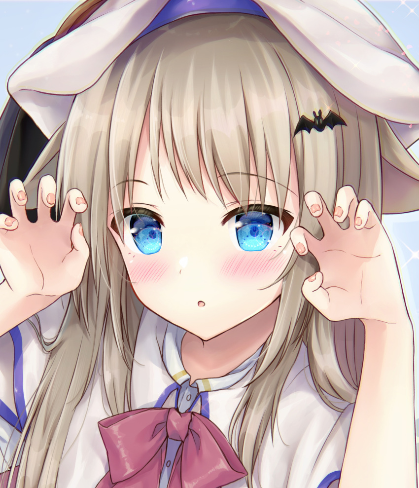 1girl :o bat_hair_ornament blue_background blue_eyes blush bow cape close-up commentary_request eyelashes eyes_visible_through_hair fingernails grey_hair hair_between_eyes hair_ornament hands_up highres little_busters! long_hair looking_at_viewer maruma_(maruma_gic) noumi_kudryavka open_mouth paw_pose pink_bow second-party_source sidelocks simple_background solo sparkle straight-on straight_hair white_cape white_headwear