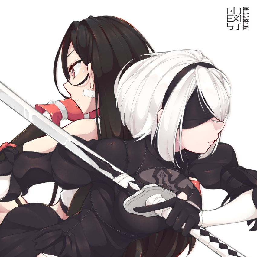 2girls absurdres artist_name back-to-back bandaid bandaid_on_cheek bandaid_on_face bare_shoulders black_dress black_gloves black_hair black_hairband black_skirt blindfold bob_cut breasts closed_mouth commentary commission crop_top dress elbow_gloves fighting_stance final_fantasy final_fantasy_vii final_fantasy_vii_remake gloves hair_behind_ear hairband highres holding holding_sword holding_weapon juliet_sleeves katana large_breasts long_hair long_sleeves multiple_girls nier:automata nier_(series) profile puffy_sleeves red_eyes red_gloves short_hair skirt suspender_skirt suspenders swept_bangs sword tank_top tifa_lockhart unexistarts upper_body weapon white_background white_hair white_tank_top yorha_no._2_type_b