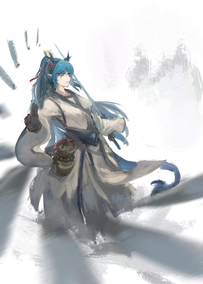 1girl absurdres alternate_costume arknights arm_tattoo black_skin blue_hair colored_skin dragon_girl dragon_horns dragon_tail dress gourd highres horns ling_(arknights) long_hair long_sleeves pointy_ears ponytail red_eyes simple_background solo tail tattoo waibiwabu58840 white_background white_dress wide_sleeves