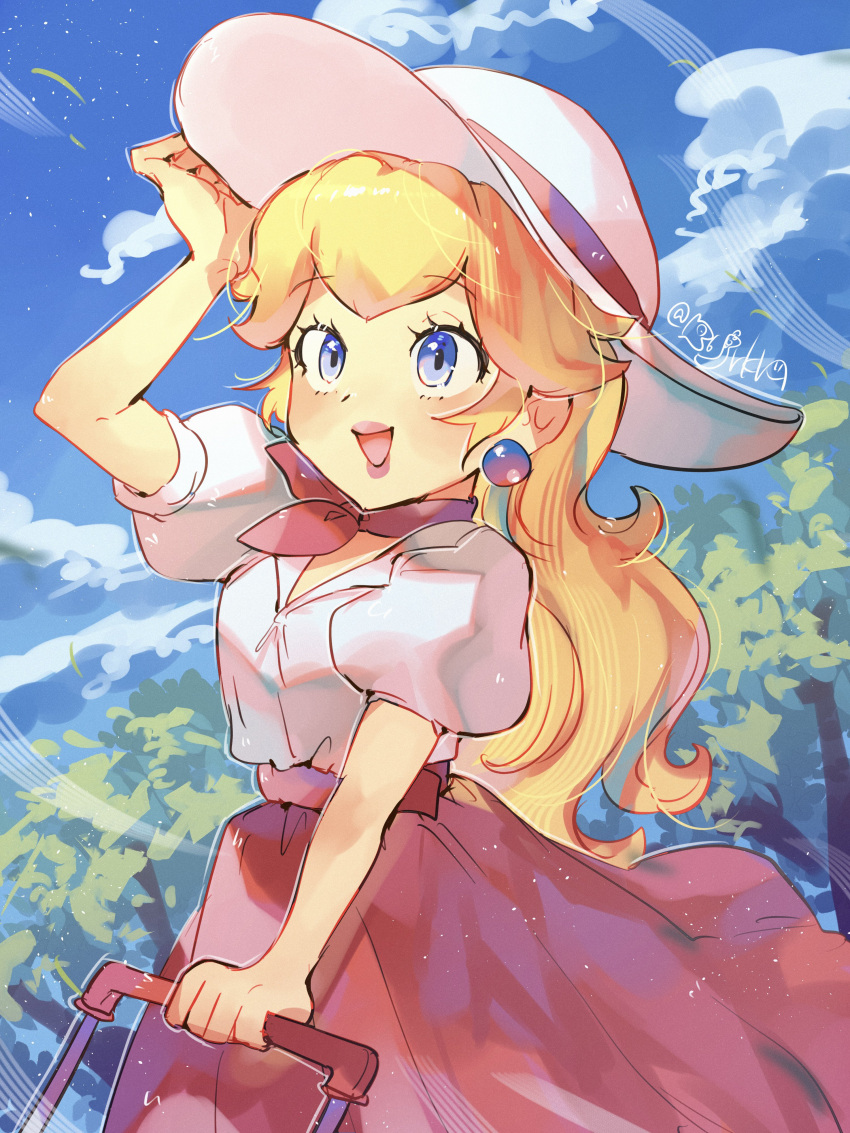 1girl :d absurdres arm_up artist_name bandana blonde_hair blue_eyes blue_sky blush clouds collared_shirt commentary_request day earrings eyelashes hanaon hat high-waist_skirt highres jewelry lips long_hair long_skirt open_mouth outdoors pink_bandana pink_skirt princess_peach princess_peach_(vacation) puffy_short_sleeves puffy_sleeves shirt shirt_tucked_in short_sleeves sidelocks signature skirt sky smile solo sphere_earrings suitcase sun_hat super_mario_bros. super_mario_odyssey tree twitter_username white_headwear white_shirt wind