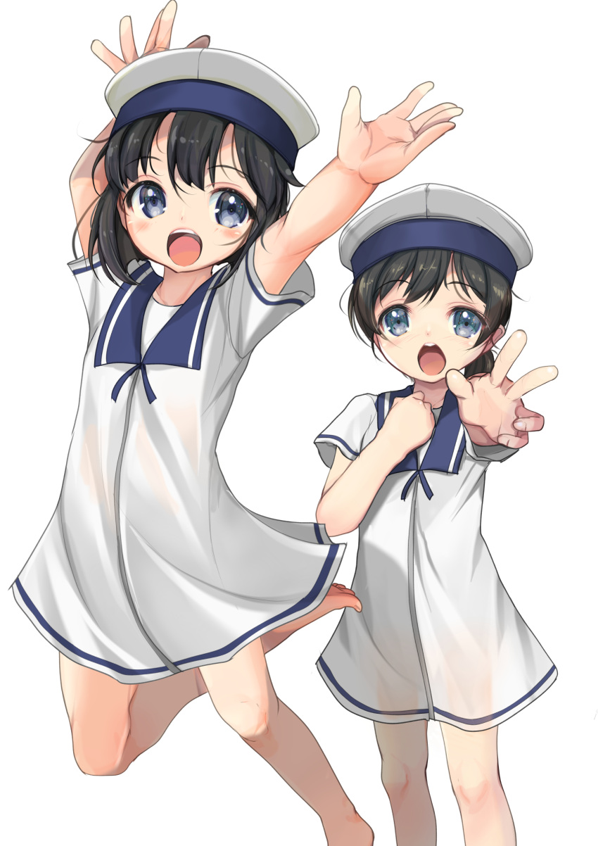 2girls arms_up barefoot black_hair blue_eyes blue_sailor_collar bob_cut commentary_request daitou_(kancolle) dress feet_out_of_frame hat hiburi_(kancolle) highres jumping kantai_collection low_ponytail multiple_girls outdoors sailor_collar sailor_dress sailor_hat short_hair short_sleeves simple_background standing white_background white_dress white_headwear yashin_(yasinz)