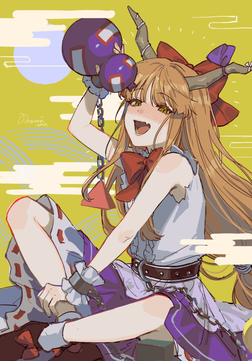 1girl :d arm_up bare_shoulders bow chain commentary cuffs drunk fang flat_chest gourd highres horn_ornament horns ibuki_suika light_brown_hair long_hair looking_at_viewer lower_teeth_only noriuma oni_horns signature simple_background sitting skin_fang skirt smile solo symbol-only_commentary teeth torn_clothes touhou very_long_hair yellow_eyes